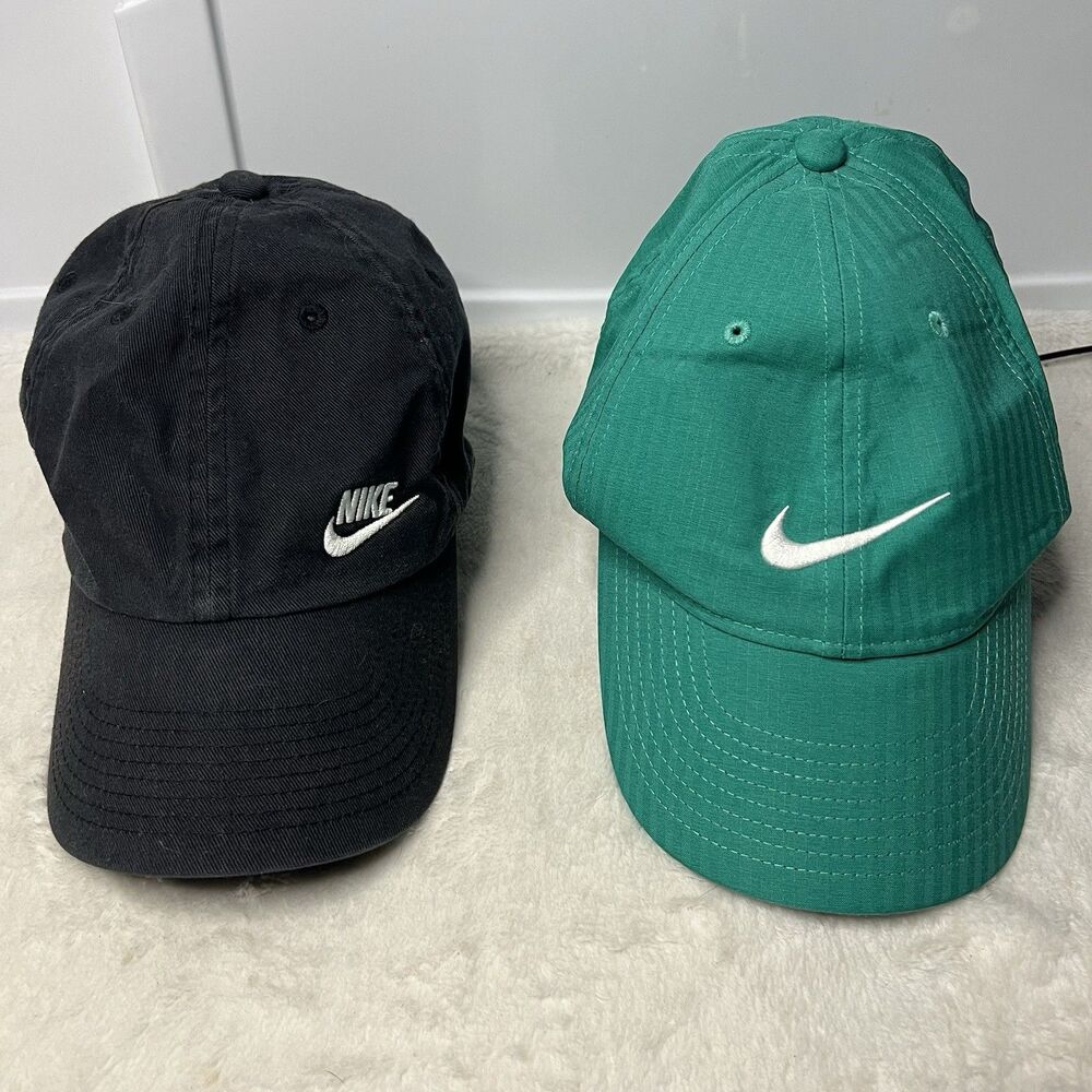 Nike Golf Set of 2 Hats Black & Green Dri-Fit Adjustable OSFM Heritage Legacy